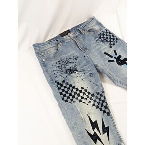 Men's THRT Painted‎ Design Jeans Size 32x31 Good Vibes Super Skinny Light Wash